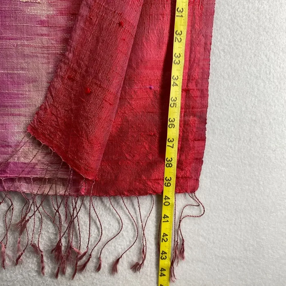 Raw Silk Scarf Textured Weave Tie Dye Fringed Ikat Rectangular Wrap Shawl Red